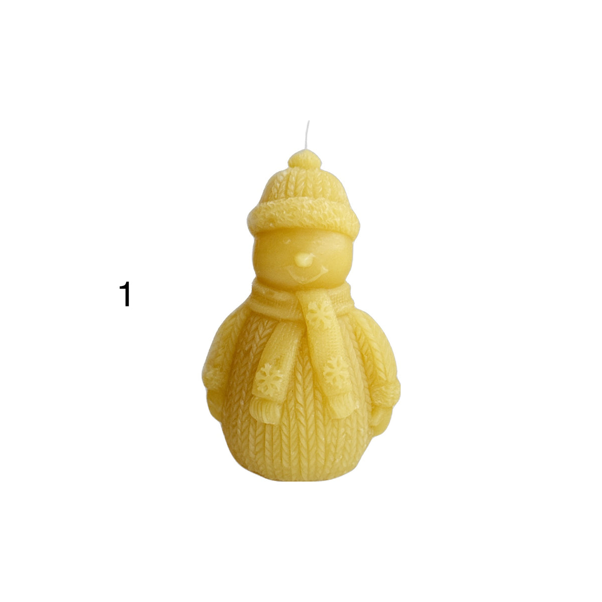 Snowman shaped beeswax candle.